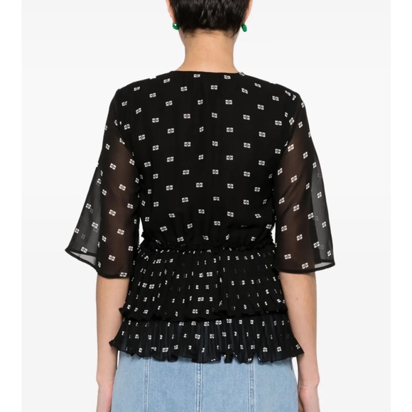 GANNI Black Graphic V Neck Georgette Flounce Blouse Short Sleeve sz 38 US 6 NWT - Picture 12 of 15